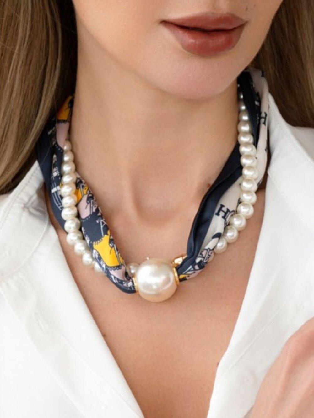 2-Piece Faux Pearl Printed H Monogram Scarf Necklace Set Choker Magnetic NWT